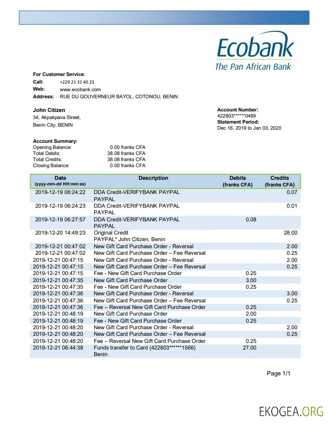 Relevé bancaire Ecobank du Bénin